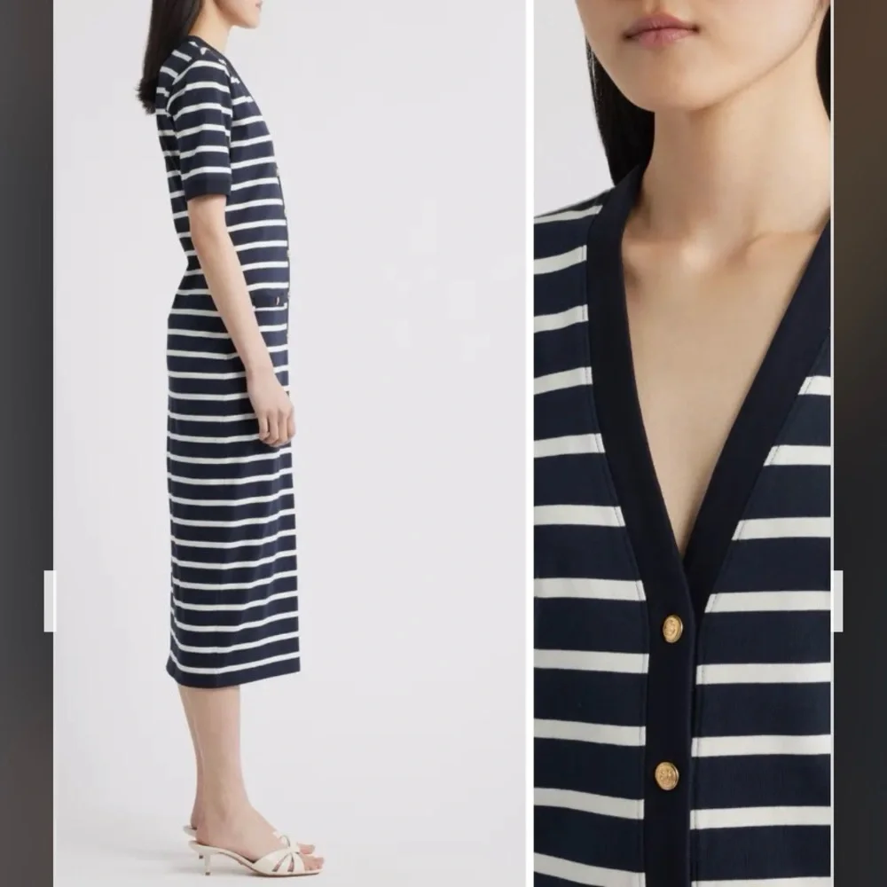 Frame The Striped Sailor Organic Cotton Midi Dress in Navy Multi Size M - Picture 3 of 11